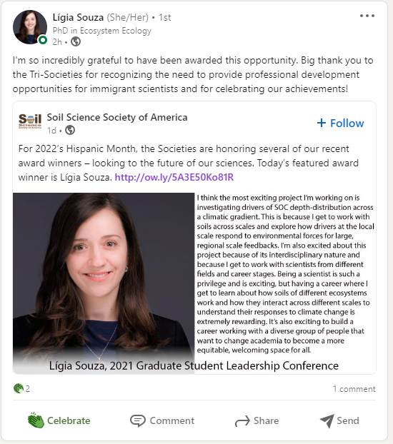 In honor of Hispanic and Latinx Month, soil science societies recognize Lígia Souza