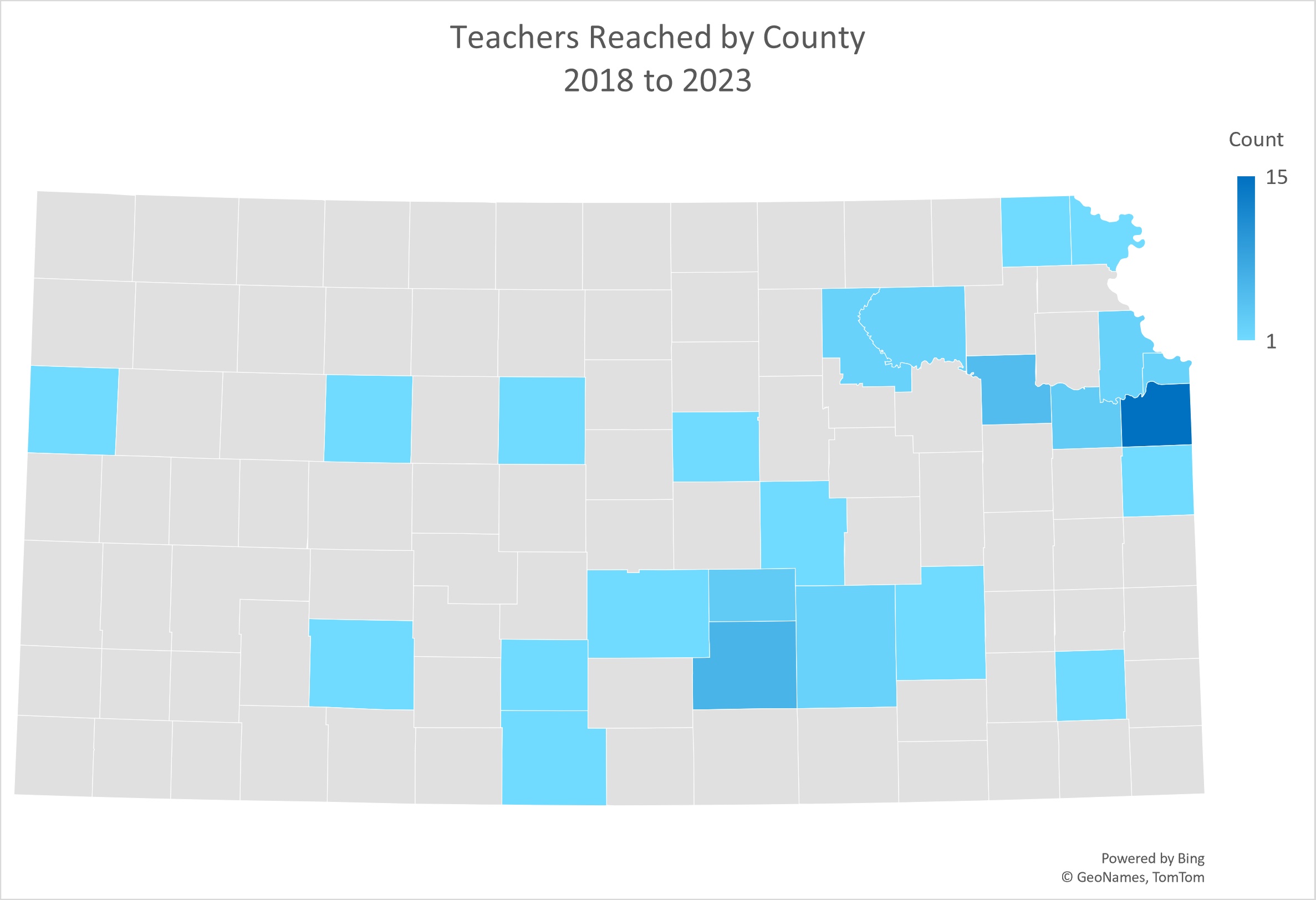Map of Kansas showing the teachers reached by county