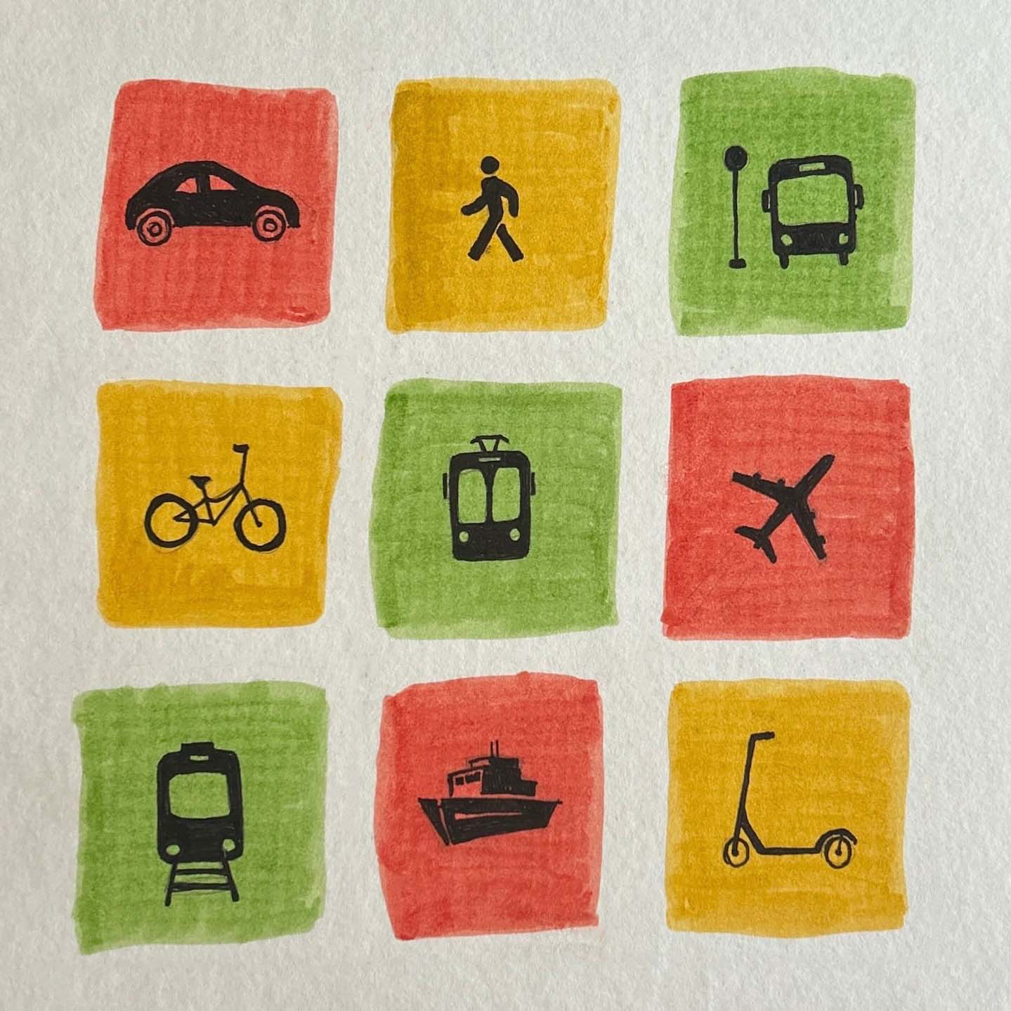 9 colored squares with hand drawn types of transportation